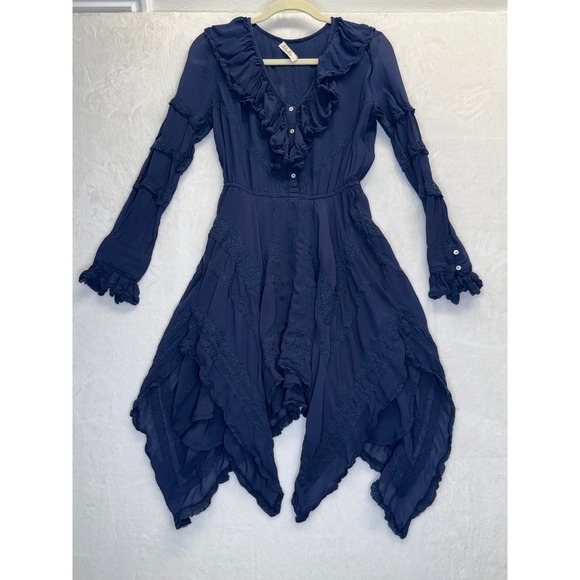 LoveShackFancy Dresses & Skirts - LoveShackFancy Dress Womens M Navy Blue Pre-Owned Ruffle Lace Hem Mini Dress